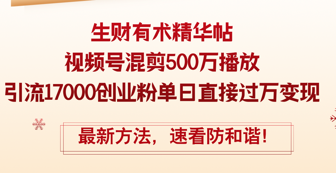 （12391期）精华帖视频号混剪500万播放引流17000创业粉，单日直接过万变现，最新方…-网亿资源平台