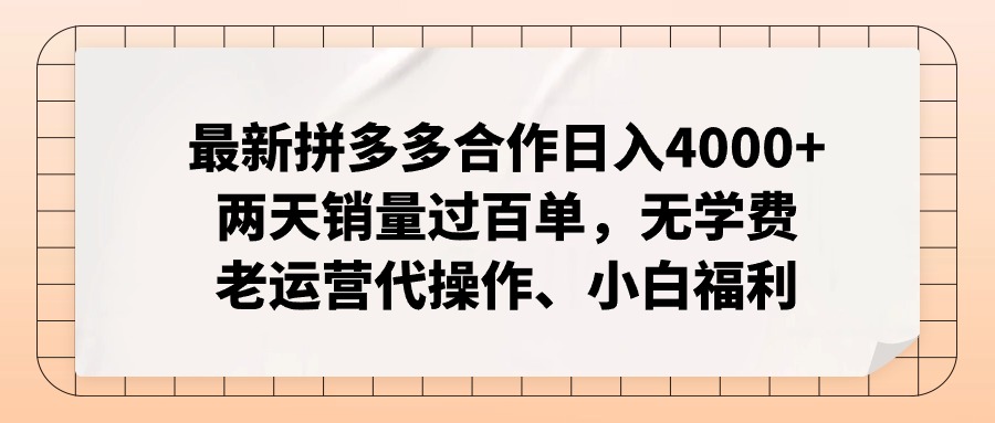 （12869期）拼多多最新合作日入4000+两天销量过百单，无学费、老运营代操作、小白福利-网亿资源平台