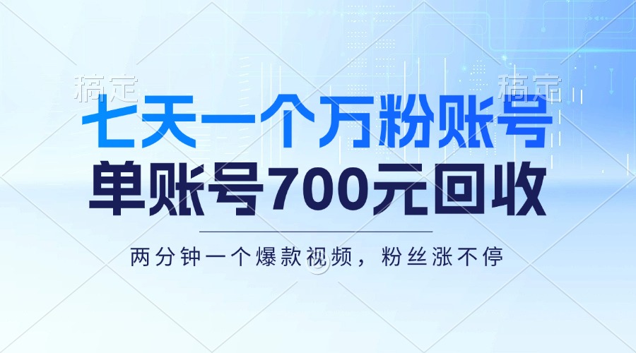 （13062期）七天一个万粉账号，新手小白秒上手，单账号回收700元，轻松月入三万＋-网亿资源平台