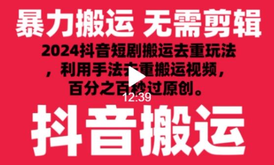 2024最新抖音搬运技术，抖音短剧视频去重，手法搬运，利用工具去重，达到秒过原创的效果【揭秘】-网亿资源平台