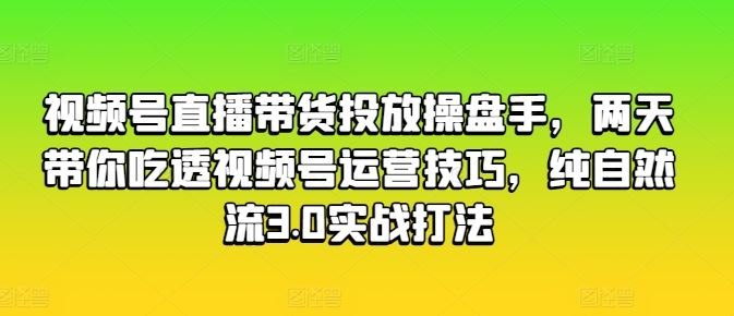 视频号直播带货投放操盘手，两天带你吃透视频号运营技巧，纯自然流3.0实战打法-网亿资源平台