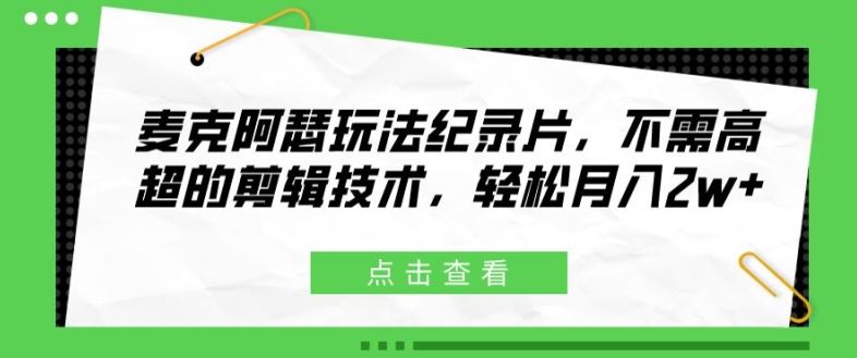 麦克阿瑟玩法纪录片，不需高超的剪辑技术，轻松月入2w+【揭秘】-网亿资源平台