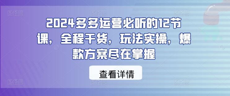 2024多多运营必听的12节课，全程干货，玩法实操，爆款方案尽在掌握-网亿资源平台
