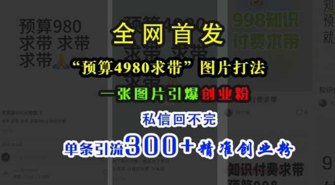 小红书“预算4980带我飞”图片打法，一张图片引爆创业粉，私信回不完，单条引流300+精准创业粉-网亿资源平台