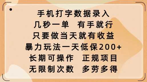 手机打字数据录入，几秒一单，有手就行，只要做当天就有收益，暴力玩法一天低保2张-皓哥创业笔记