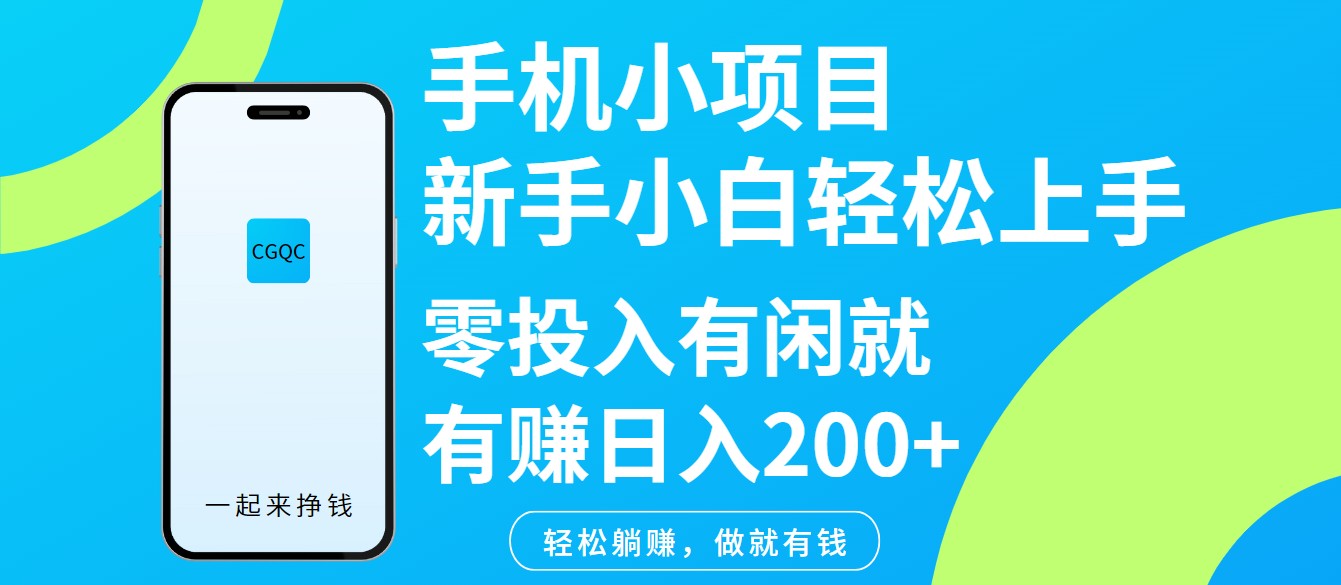 手机小项目新手小白轻松上手零投入有闲就有赚日入200+-网亿资源平台
