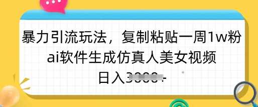暴力引流玩法，复制粘贴一周1w粉，ai软件生成仿真人美女视频，日入多张-皓哥创业笔记