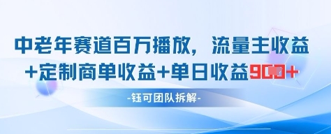 中老年赛道百万播放+流量主收益+定制收益，单日收益9张-网亿资源平台