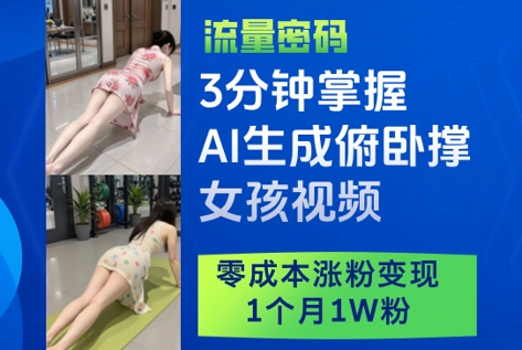 3分钟掌握AI生成俯卧撑女孩视频，零成本涨粉变现，1个月1W粉-网亿资源平台