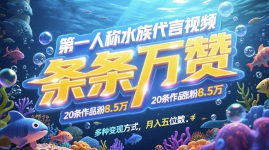 第一人称水族代言视频，条条万赞，20条作品涨粉7.8W，多种变现方式月入五位数-邪修侠