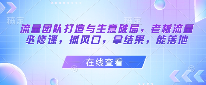 流量团队打造与生意破局，老板流量必修课，抓风口，拿结果，能落地-网亿资源平台
