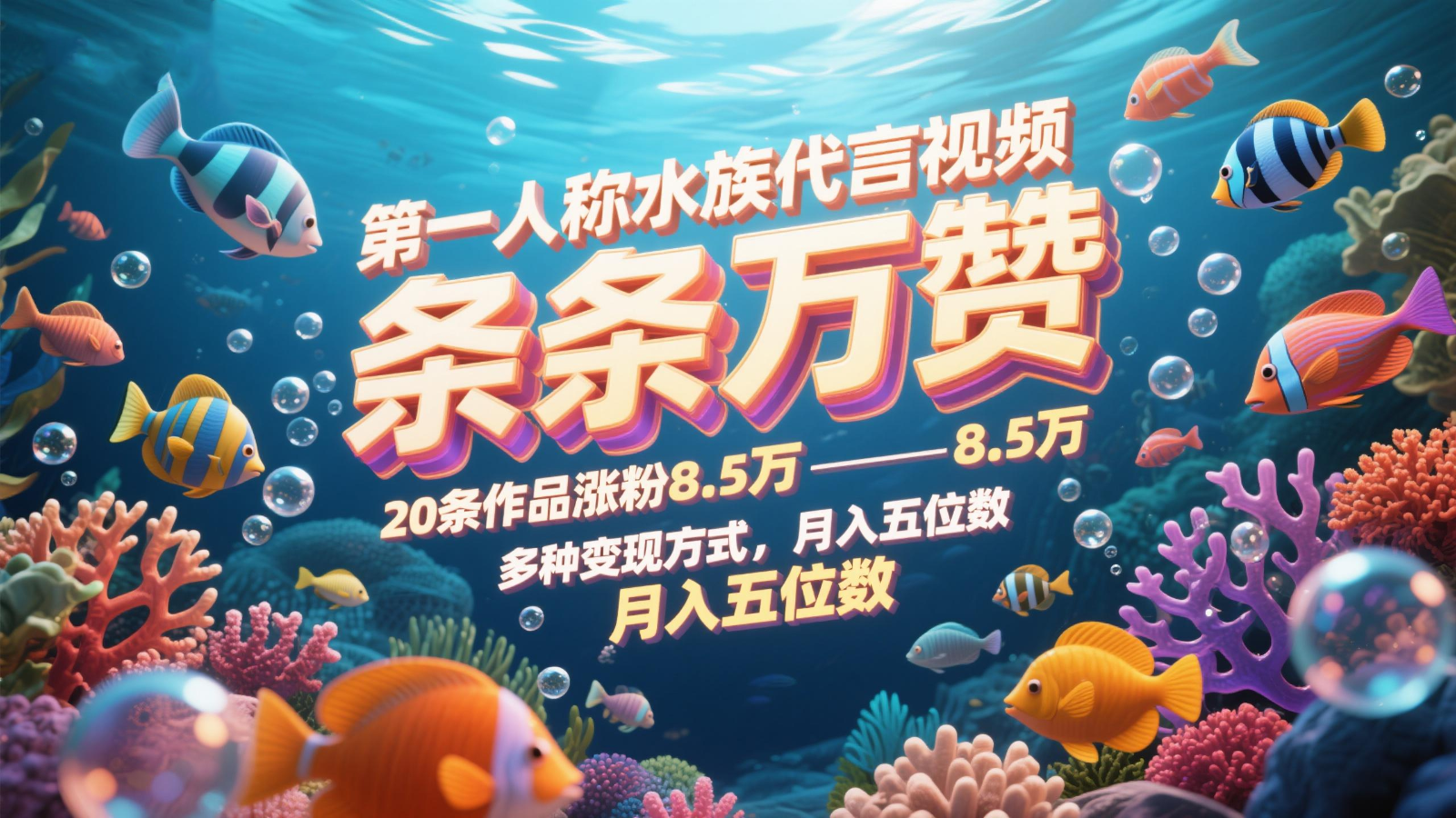第一人称水族代言视频，条条万赞，20条作品涨粉8.5万，多种变现方式月，入五位数-网亿资源平台