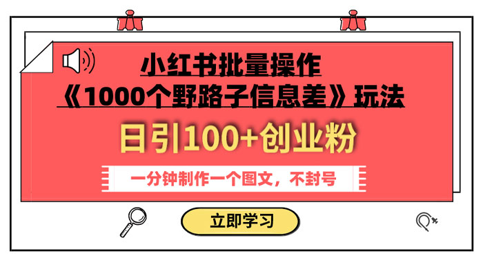 小红书批量操作《 1000 个野路子信息差》玩法，日引 100+ 创业粉，一分钟一个图文-网亿资源平台