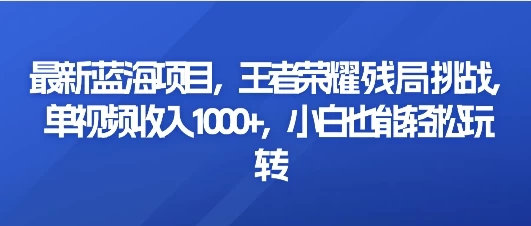 最新蓝海项目，王者荣耀残局挑战，单视频收入1000+，小白也能轻松玩转-网亿资源平台