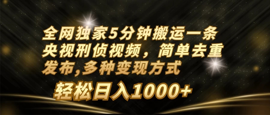 全网独家5分钟搬运一条央视刑侦视频，简单去重发布，多种变现方式，轻松日入1000+-网亿资源平台