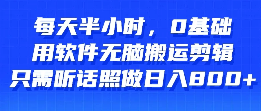 每天半小时，0基础用软件无脑搬运剪辑，只需听话照做日入800+-网亿资源平台