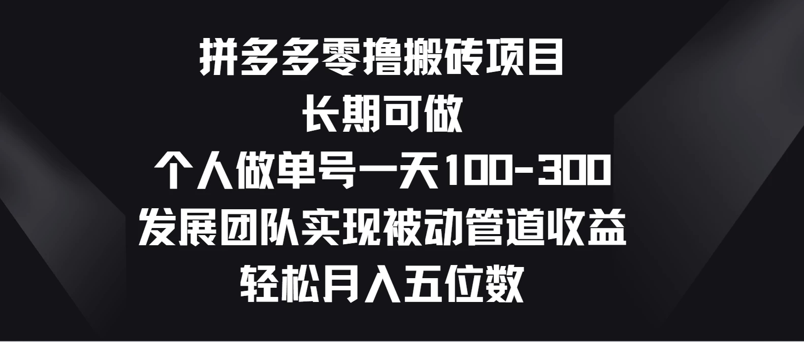 拼多多零撸搬砖项目，长期可做，个人做单号一天100-300，发展团队实现被动管道收益，轻松月入五位数-网亿资源平台