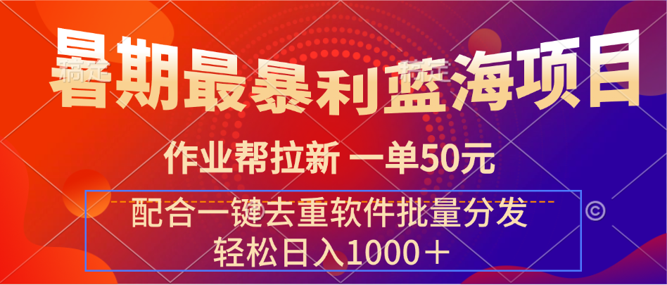 暑期最暴利蓝海项目，轻松上手，一单50元，轻松日入1000＋，配合一键去重软件批量分发-网亿资源平台