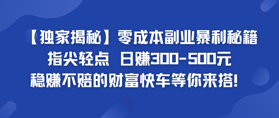 独家揭秘零成本副业暴利秘籍：指尖轻点，日赚300-500元，稳赚不赔的财富快车等你来搭！-网亿资源平台