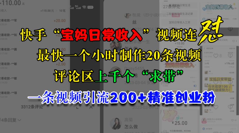 快手“宝妈日常收入”视频连怼，最快一个小时制作20条视频，评论区上千个“求带”，一条视频引流200+精准创业粉-网亿资源平台