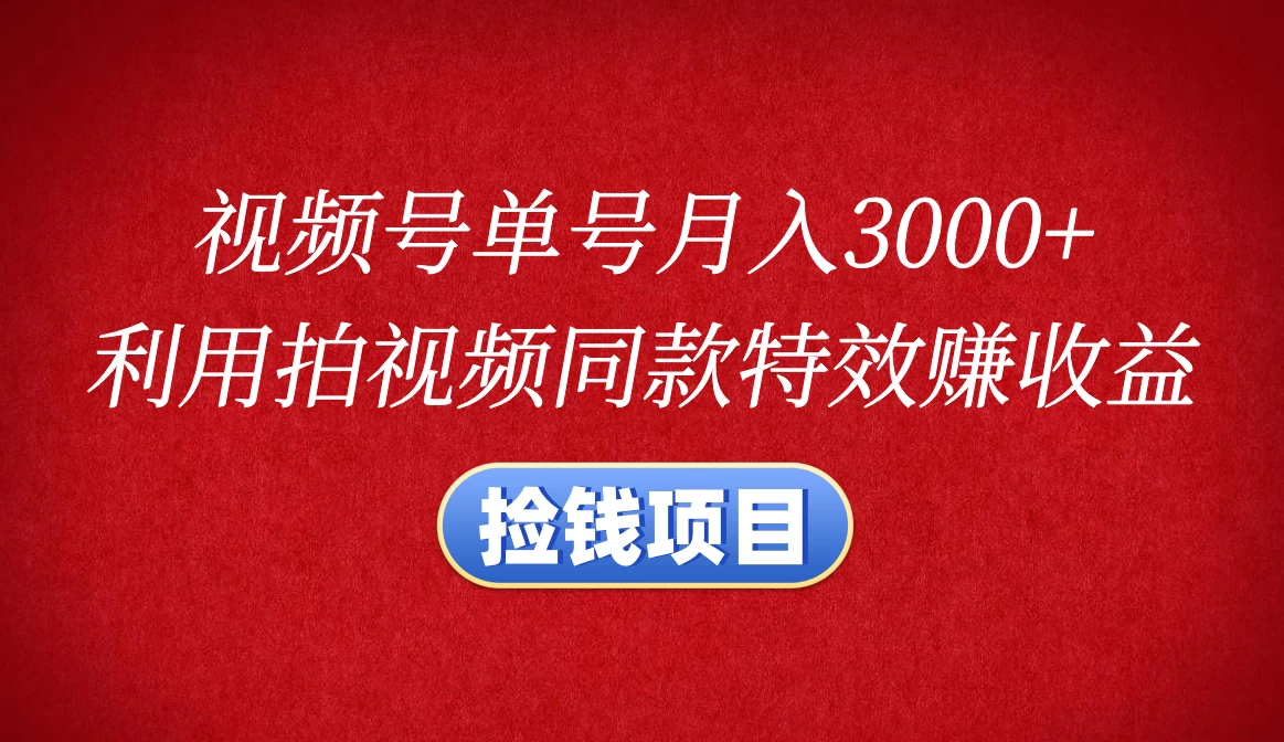 视频号单号月入3000+，利用拍同款特效赚收益，捡钱项目-网亿资源平台