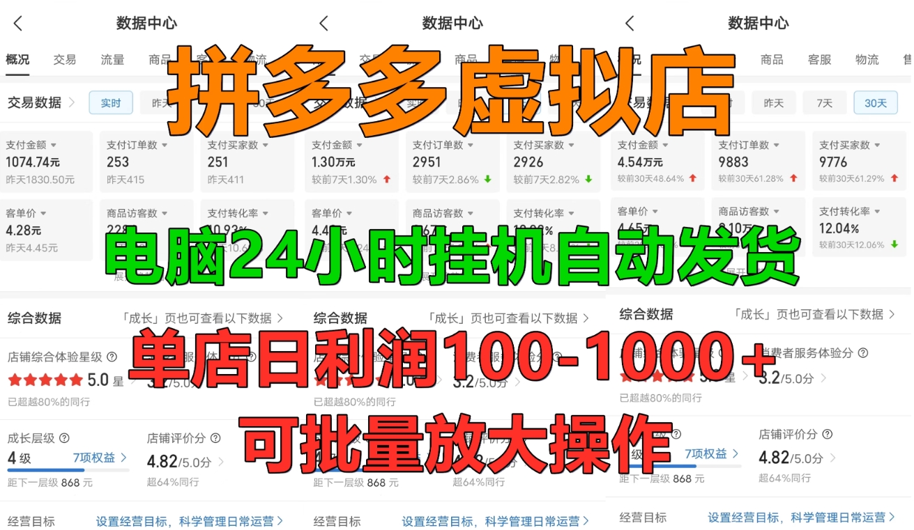 新手首选项目，拼多多虚拟店，电脑挂机自动发货，单店日利润500+，可批量放大操作-网亿资源平台