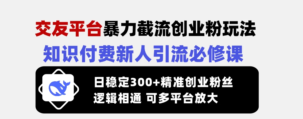 交友平台暴力截流创业粉玩法，知识付费新人引流必修课，日稳定300+精准创业粉丝，逻辑相通可多平台放大-网亿资源平台