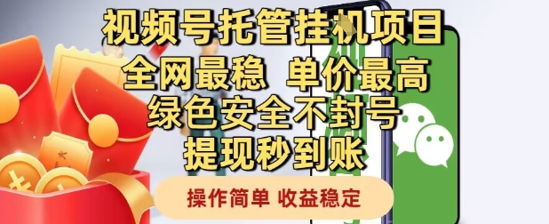 视频号托管挂G项目全网最稳，单价最高，绿色安全不封号提现秒到账，操作简单，收益稳定【揭秘】-网亿资源平台