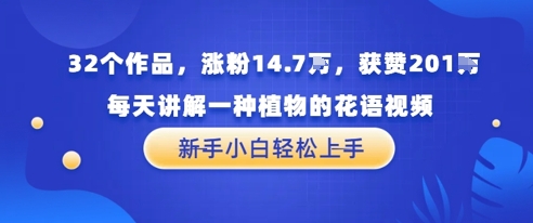 32个作品，涨粉14.7W，获赞201W，每天讲解一种植物的花语视频，无需任何技巧，新手小白轻松上手-网亿资源平台