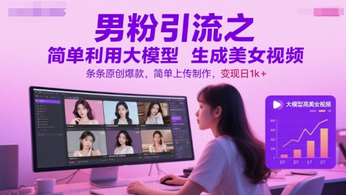 男粉引流之简单利用大模型生成美女视频,条条原创爆款,简单上传制作,变现日1k+-邪修侠 - 演示