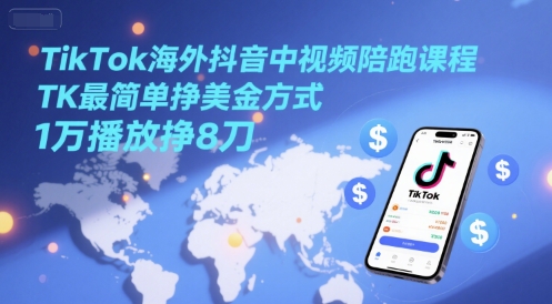 TikTok海外抖音中视频陪跑课程,TK最简单挣美金方式,1万播放挣8刀-邪修侠
