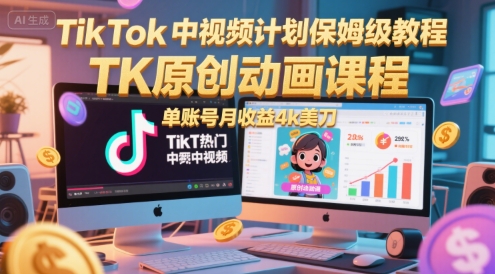 TikTok中视频计划保姆级教程，TK原创动画课程，单账号月收益4k美刀-网亿资源平台