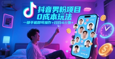 抖音男粉项目0成本玩法，一部手机即可操作，日均4张+，时间自由-网亿资源平台