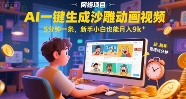 AI一件生成沙雕动画视频，5分钟一条，新手小白也能月入9k+-网亿资源平台
