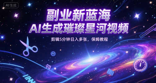 副业新蓝海，AI生成璀璨星河视频，剪辑5分钟日入多张，保姆教程-网亿资源平台