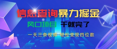 信息查询暴力掘金，一天三条视频，轻松变现四位数，风口项目干就完了【揭秘】-网亿资源平台