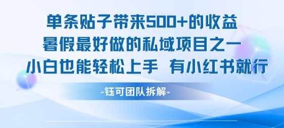 单条贴子带来5张的收益，暑假最好做的私域项目之一，小白也能轻松上手，有小红书就行-网亿资源平台
