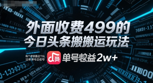 外面收费499的今日头条搬运玩法，有个老铁靠这个玩法单号总收益2w+-网亿资源平台