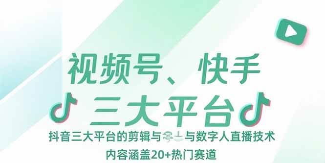 （15449期）视频号、快手、抖音三大平台的剪辑与数字人直播技术，内容涵盖20+热门赛道-网亿资源平台