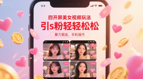 四开屏美女视频玩法，引s粉轻轻松松，暴力掘金，手机操作【揭秘】-网亿资源平台