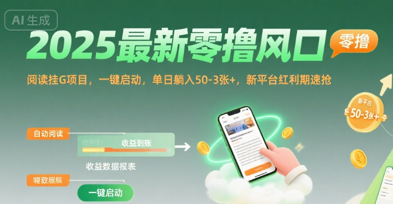 2025最新零撸风口，阅读挂G项目，一键启动，单日躺入 50-3张+，新平台红利期速抢【揭秘】-网亿资源平台