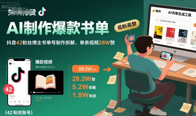 AI制作爆款书单，抖音42粉丝博主书单号制作拆解，单条视频28W赞-网亿资源平台