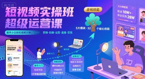 短视频实操班超级运营课，新手小白到短视频大神必修课程，剪辑-拍摄-运营-直播-变现-网亿资源平台