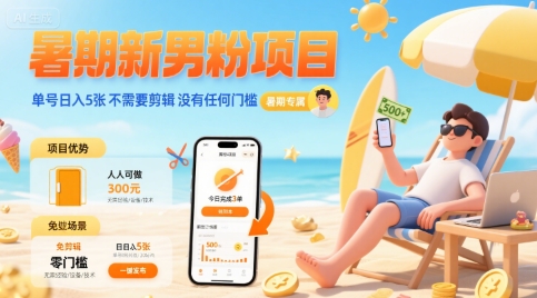 暑期新男粉项目 单号日入5张 不需要剪辑 没有任何门槛-邪修侠 - 演示