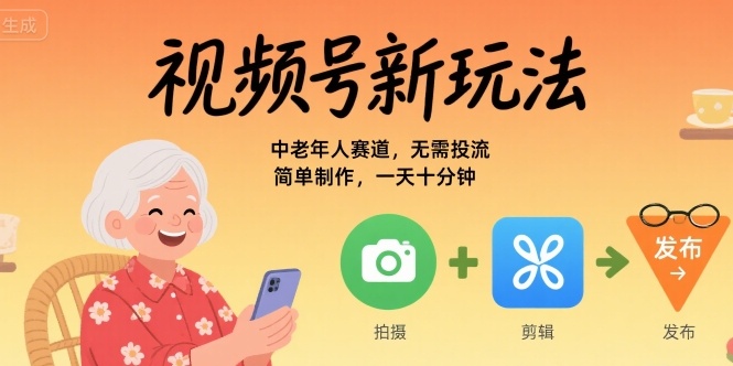 视频号新玩法，中老年人赛道，无需投流，简单制作，一天十分钟，月入1W-网亿资源平台