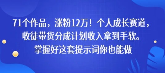 71个作品，涨粉12W！个人成长赛道，收徒带货分成计划收入拿到手软，掌握好这套提示词你也能做-网亿资源平台