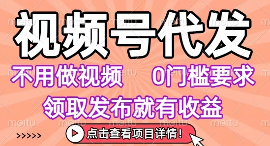 视频号代发，不用剪辑不用做视频，0门槛要求，领取发布就有收益，任务没有无上限，小白轻松上手【揭秘】-网亿资源平台