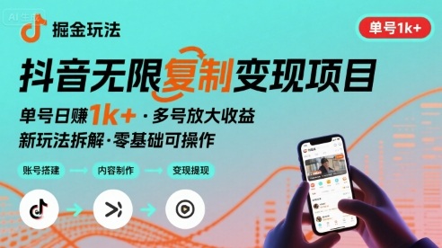 抖音掘金新玩法 单号1k+可以无限复制的项目-网亿资源平台
