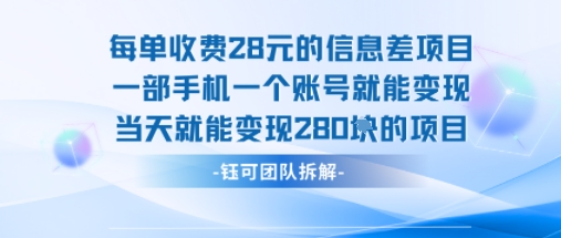 每单收费28米的项目单日能变现280左右 一部手机一个账号就能变现-网亿资源平台