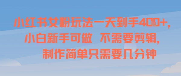 小红书女粉玩法一天到手4张，小白新手可做，不需要剪辑 制作简单只需要几分钟-网亿资源平台